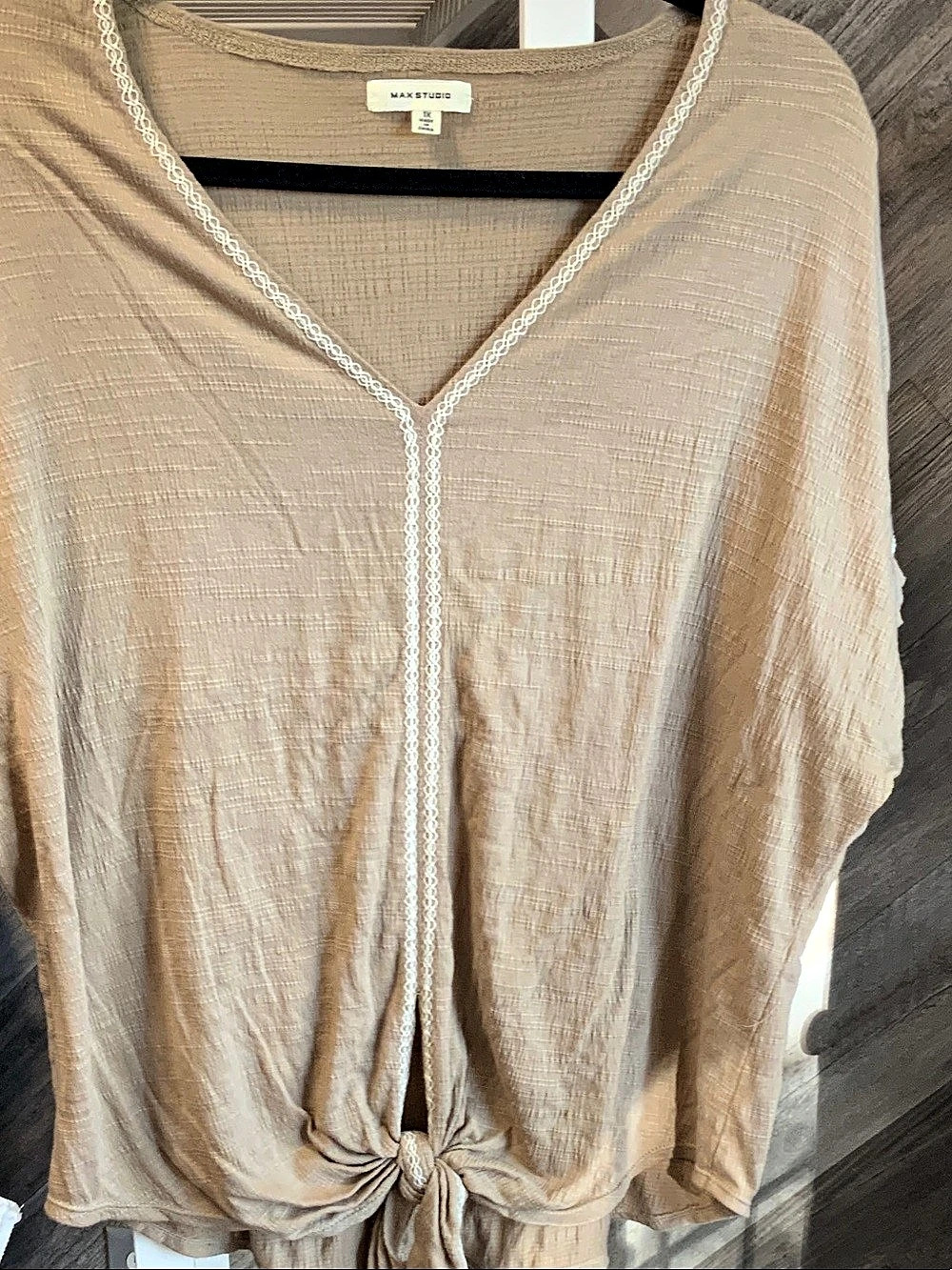 Max Studio 1X Beige Textured Tie Front Blouse Boho Top